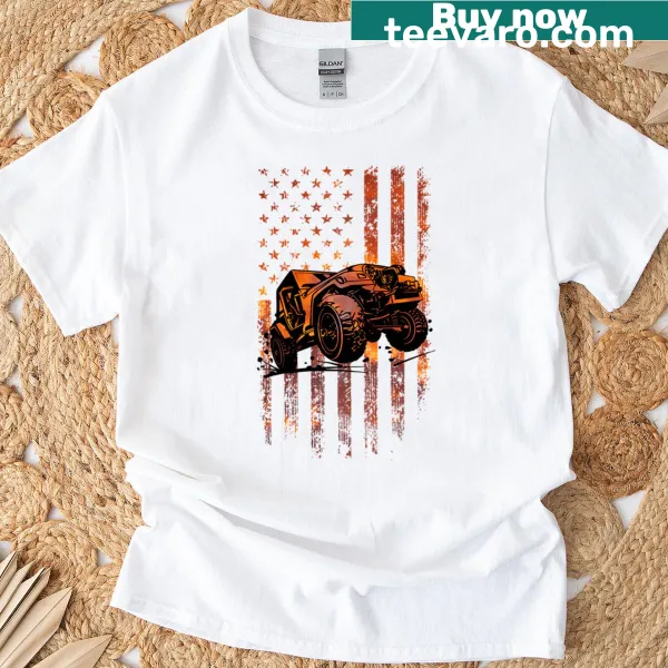 Vintage Jeep graphic on T-shirt with American flag design