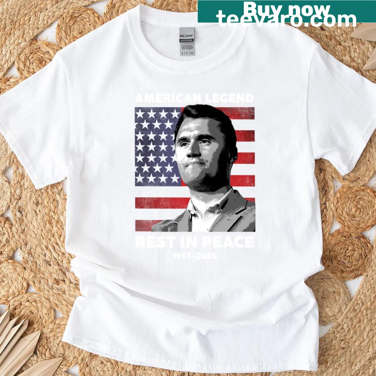 Tribute t-shirt featuring memorial graphic for American legend — on a men's t-shirt