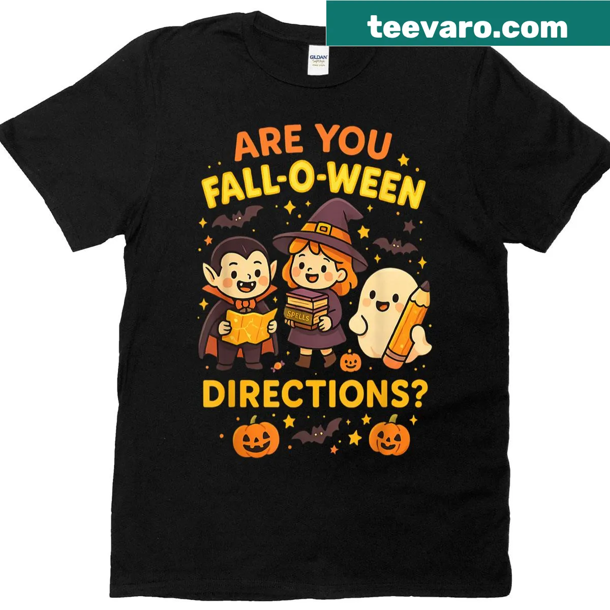 Funny Halloween teacher t-shirt with cartoon ghosts — on a men's t-shirt