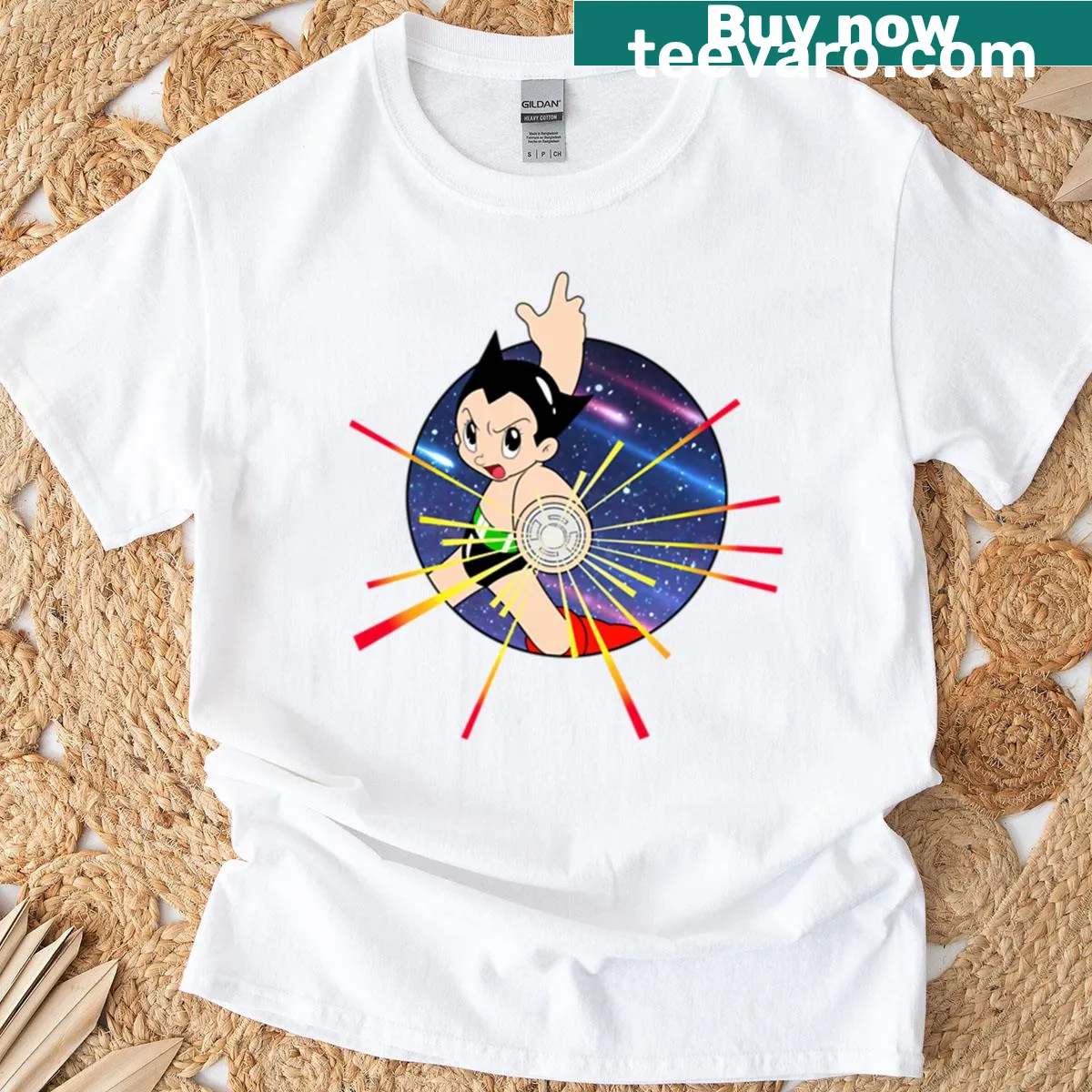 Astro Boy cartoon T-shirt featuring a dynamic Mighty Atom graphic — on a men's t-shirt