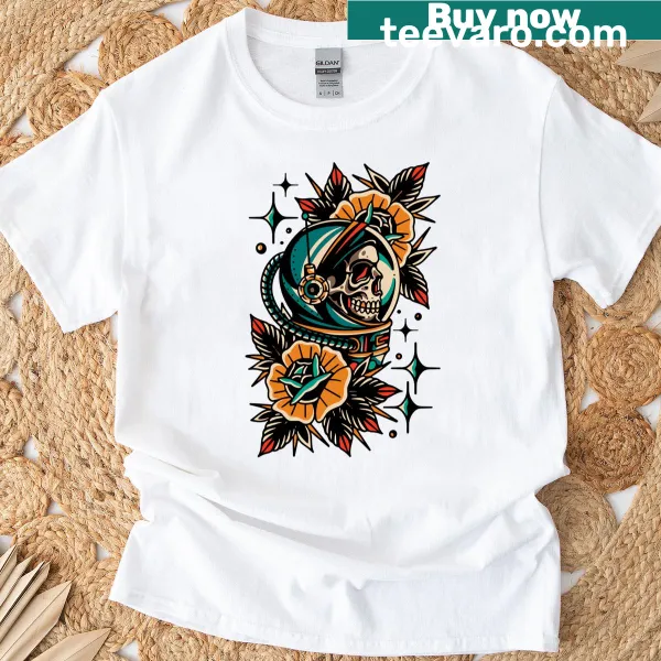 T-shirt with astronaut skeleton design in traditional tattoo style