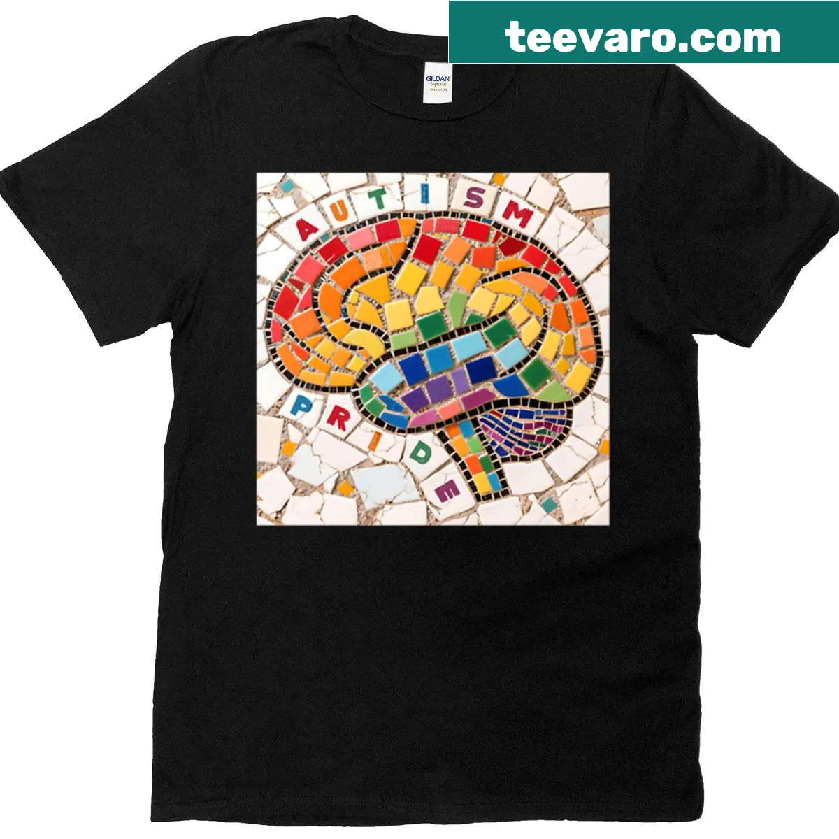 Mosaic brain design representing autism pride and neurodiversity. — on a men's t-shirt