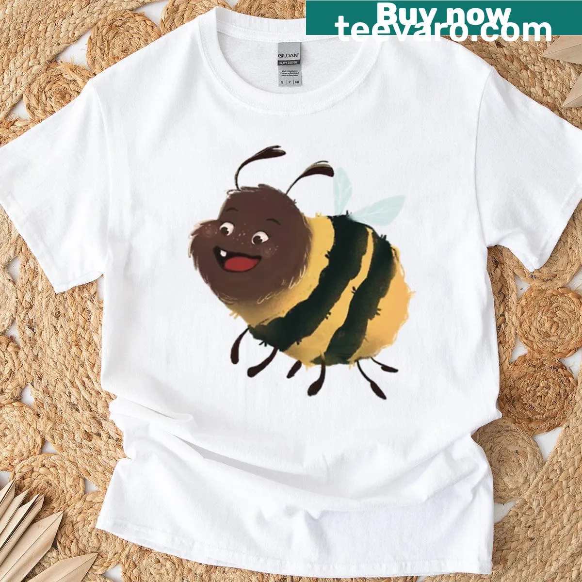 Funny Bee No Teeth t-shirt with whimsical graphic — on a men's t-shirt