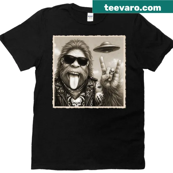 Whimsical Bigfoot and UFO cartoon T-shirt design.