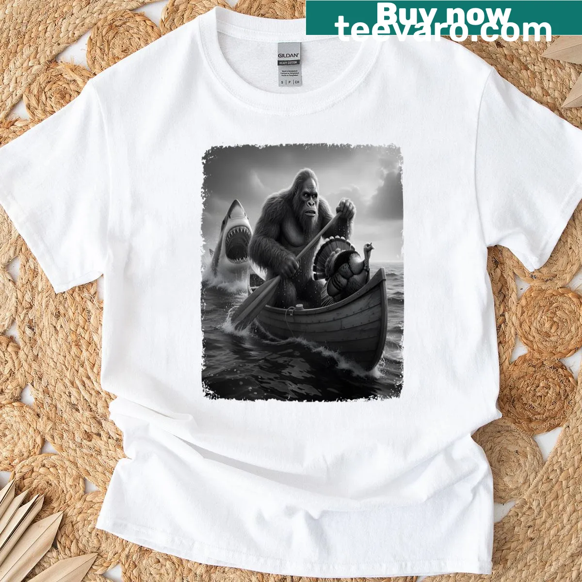 Funny Thanksgiving shirt with Bigfoot shark selfie graphic — on a men's t-shirt