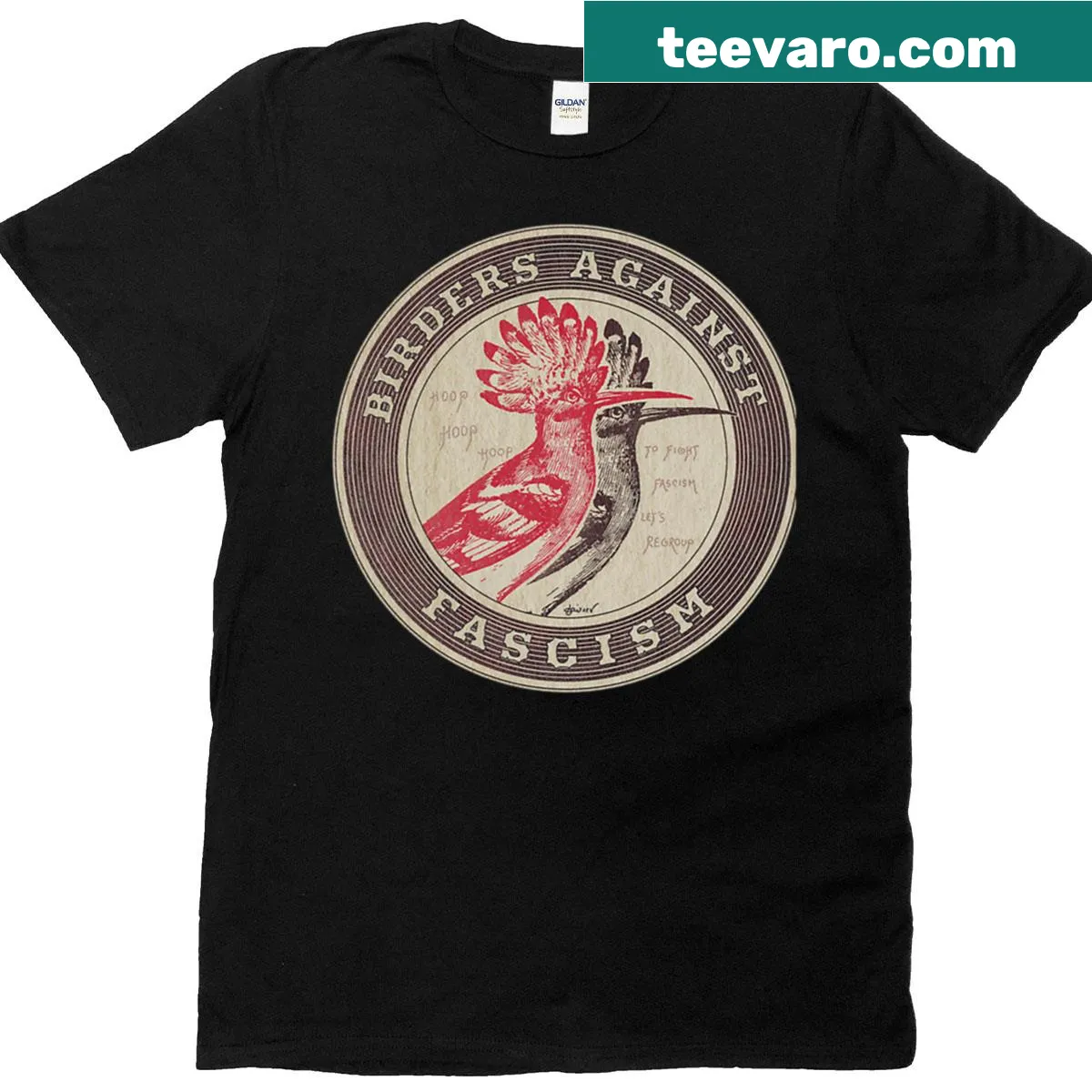 Typography t-shirt with 'Birders Against Fascism' text and bird graphics — on a men's t-shirt