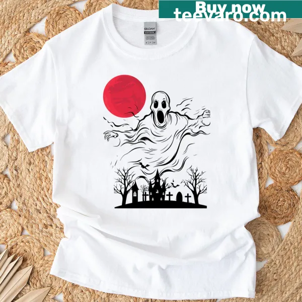 Ghost graphic on shirt against a red moon background