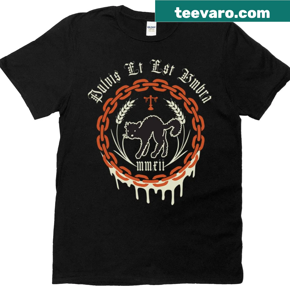 Illustration of a black cat with 'Pulvis Et Est Umbra' on T-shirt — on a men's t-shirt