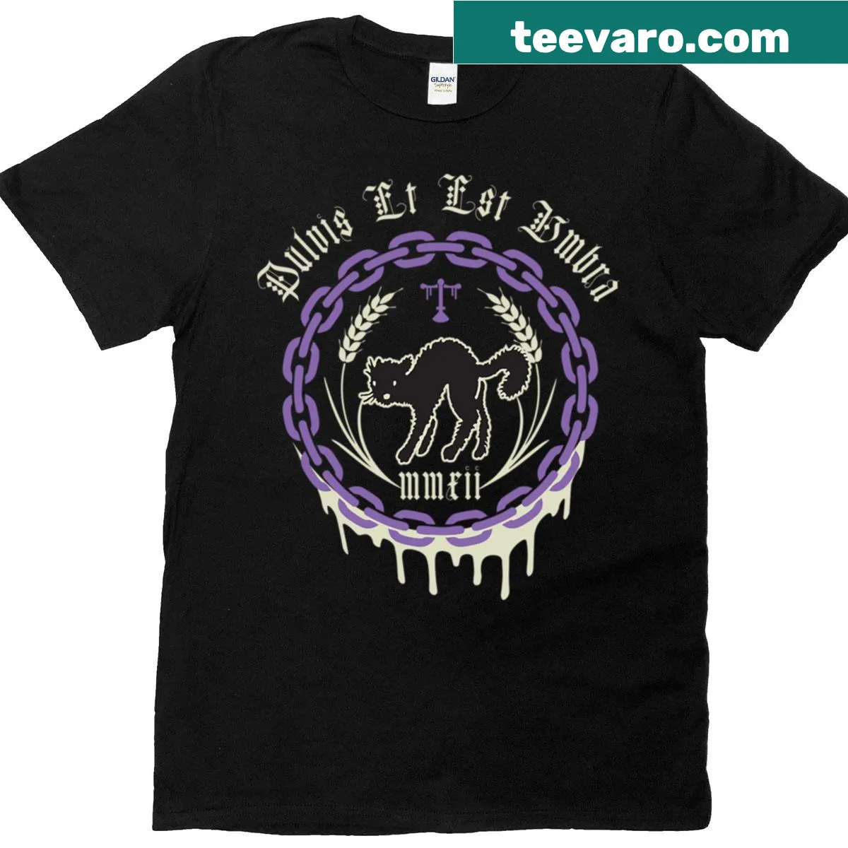 Black Cat T-shirt with whimsical text illustration — on a men's t-shirt