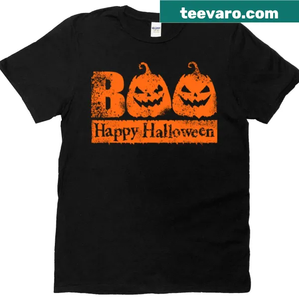 Bold 'Boo! Happy Halloween' typography on T-shirt