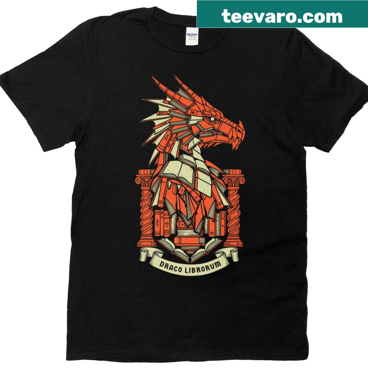Bookish coat of arms featuring a dragon design for book lovers — on a men's t-shirt