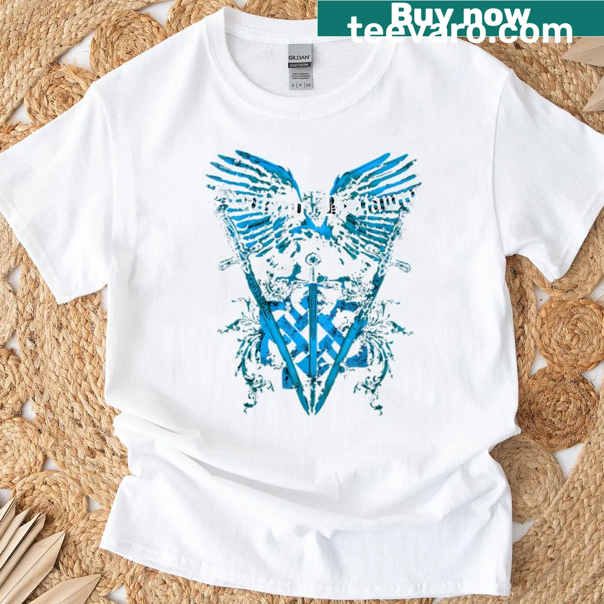 T-shirt featuring an intricate illustration of a breaking sword — on a men's t-shirt
