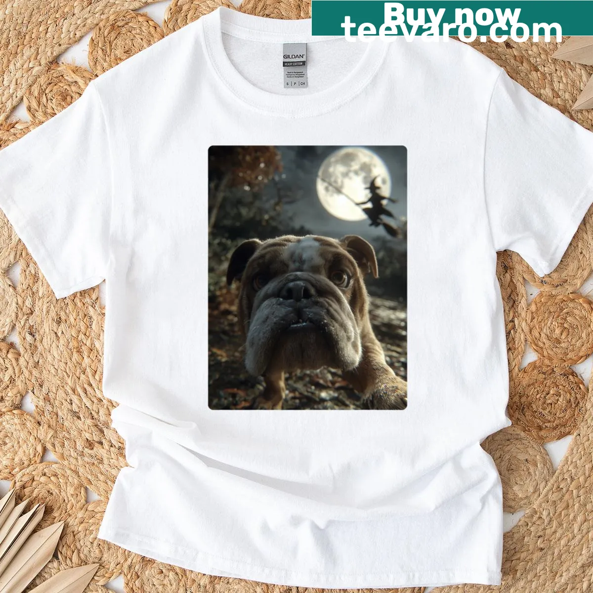 British Bulldog Halloween t-shirt featuring a selfie with a witch and full moon — on a men's t-shirt