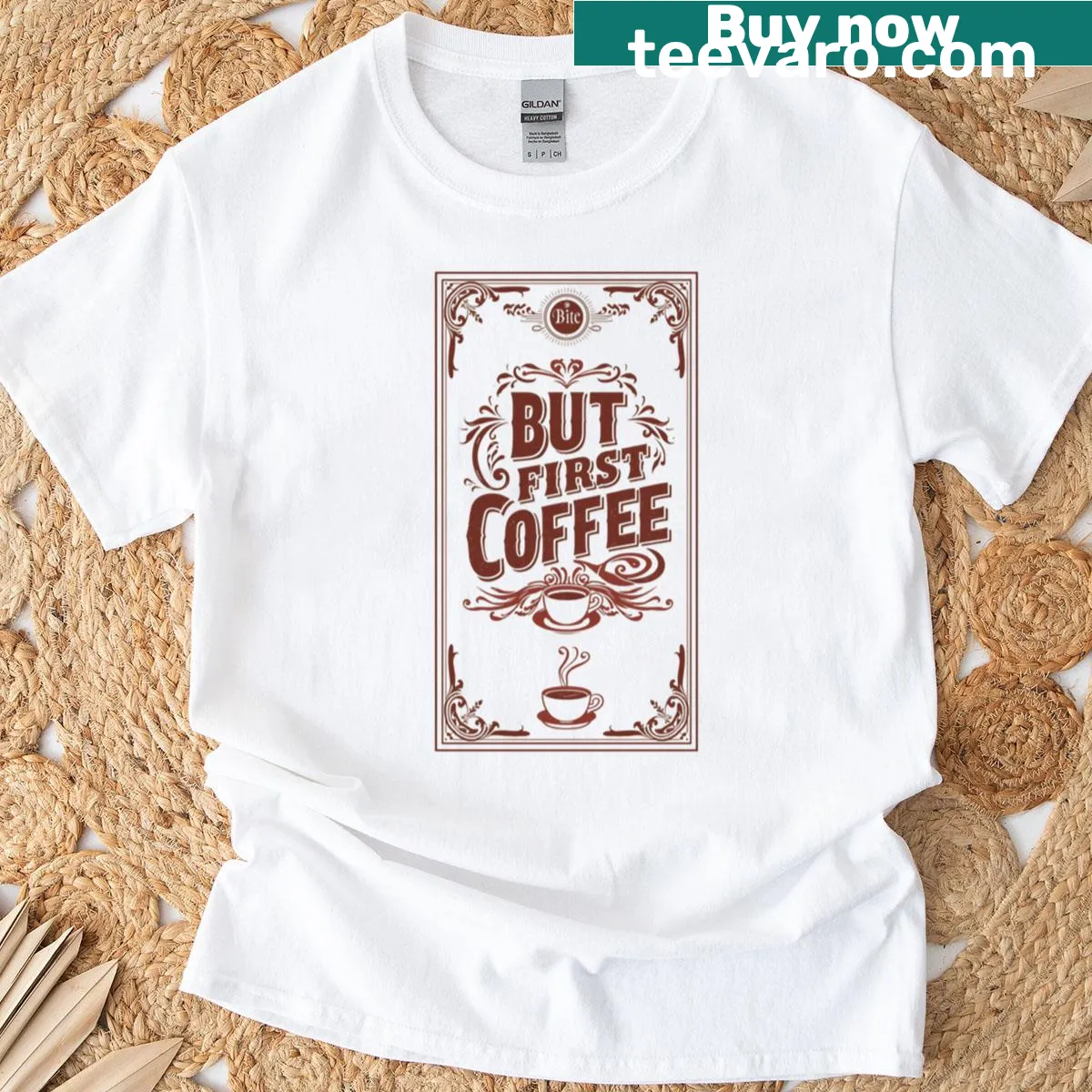 Retro design shirt with 'But First Coffee' text — on a men's t-shirt