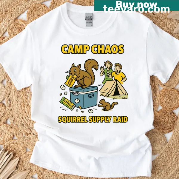 Illustration of squirrels raiding a picnic on t-shirt