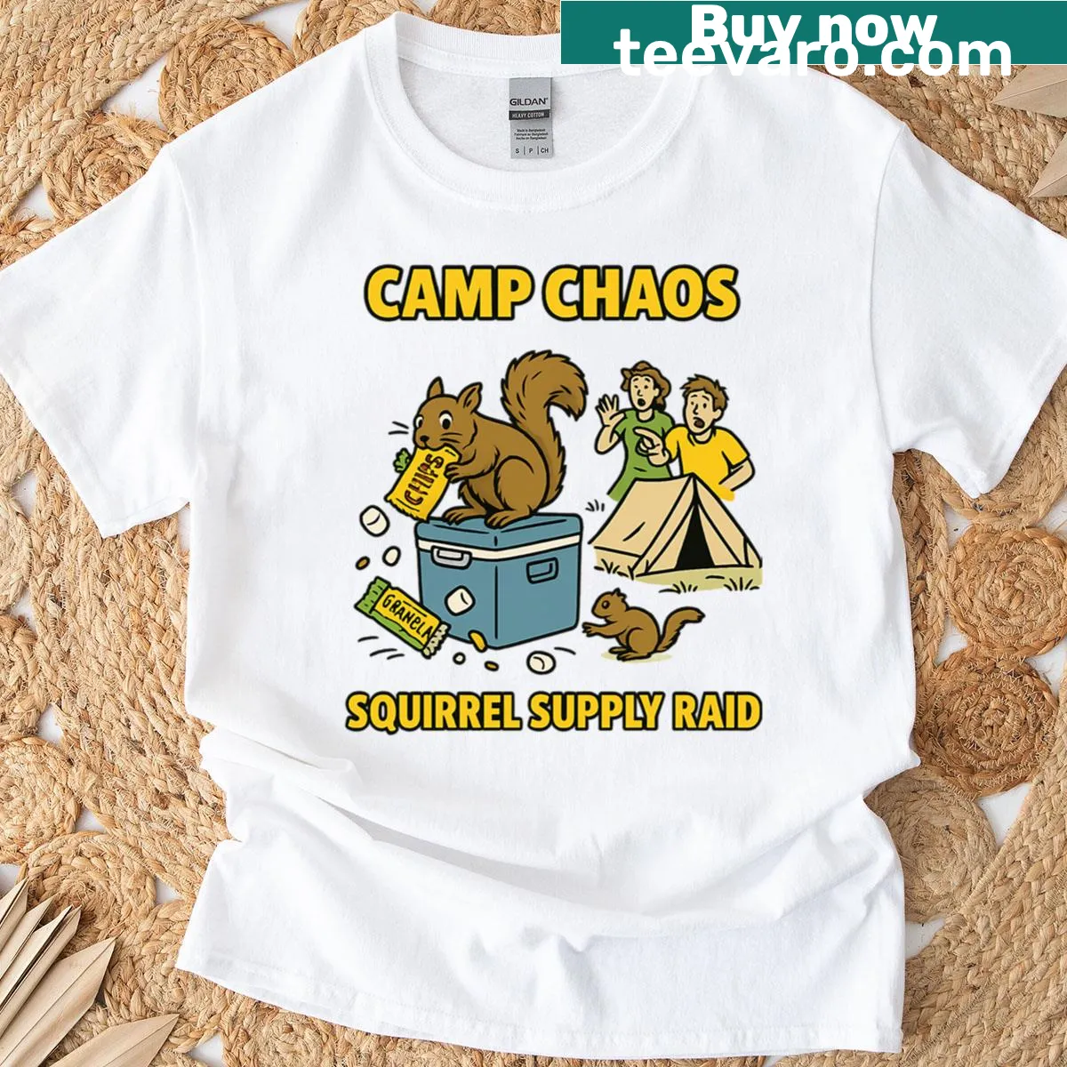 Illustration of squirrels raiding a picnic on t-shirt — on a men's t-shirt