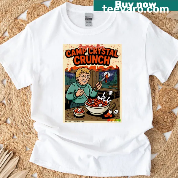 Horror cereal parody shirt featuring Camp Crystal Crunch design