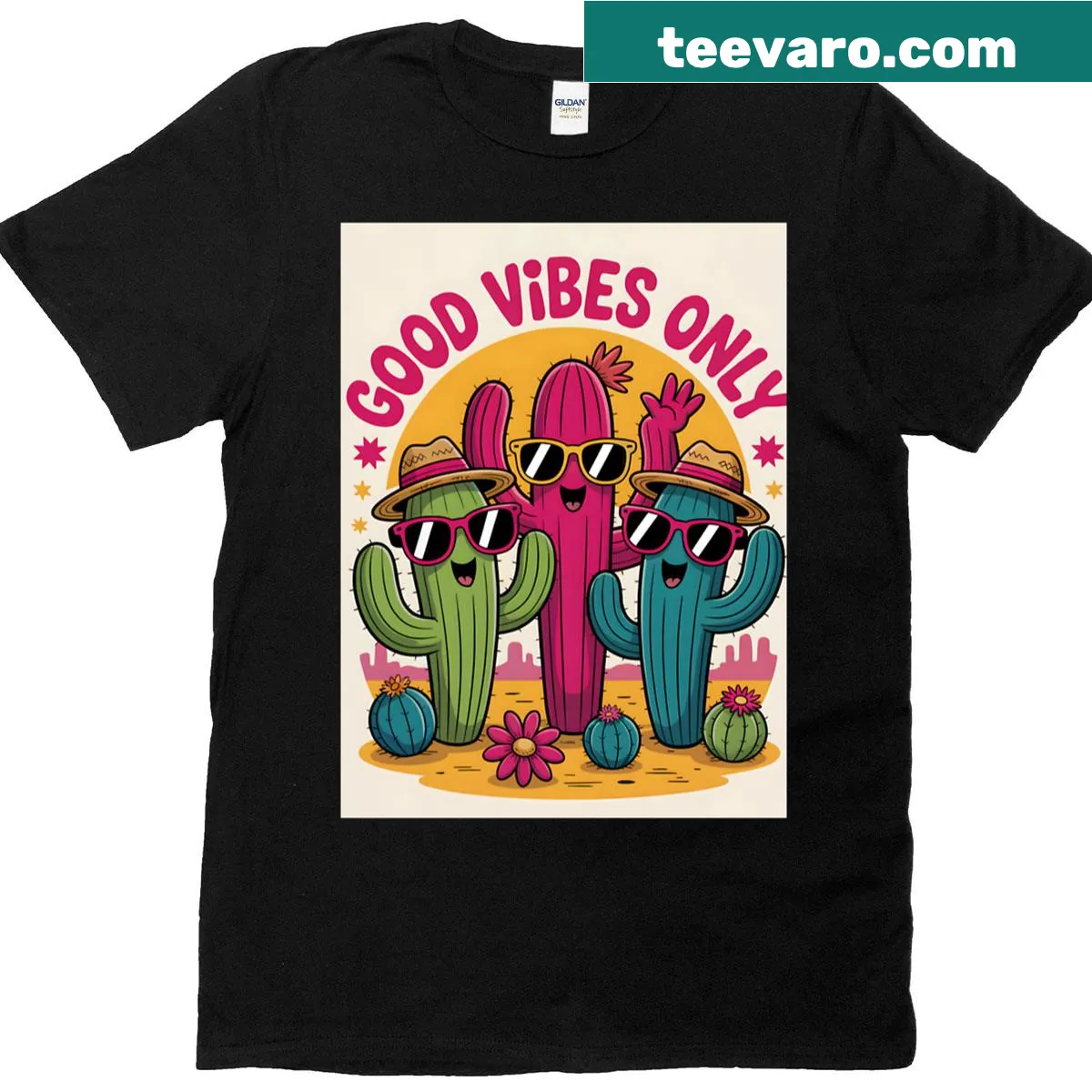 Cartoon cactus t-shirt with the phrase 'Good Vibes Only' in playful design — on a men's t-shirt