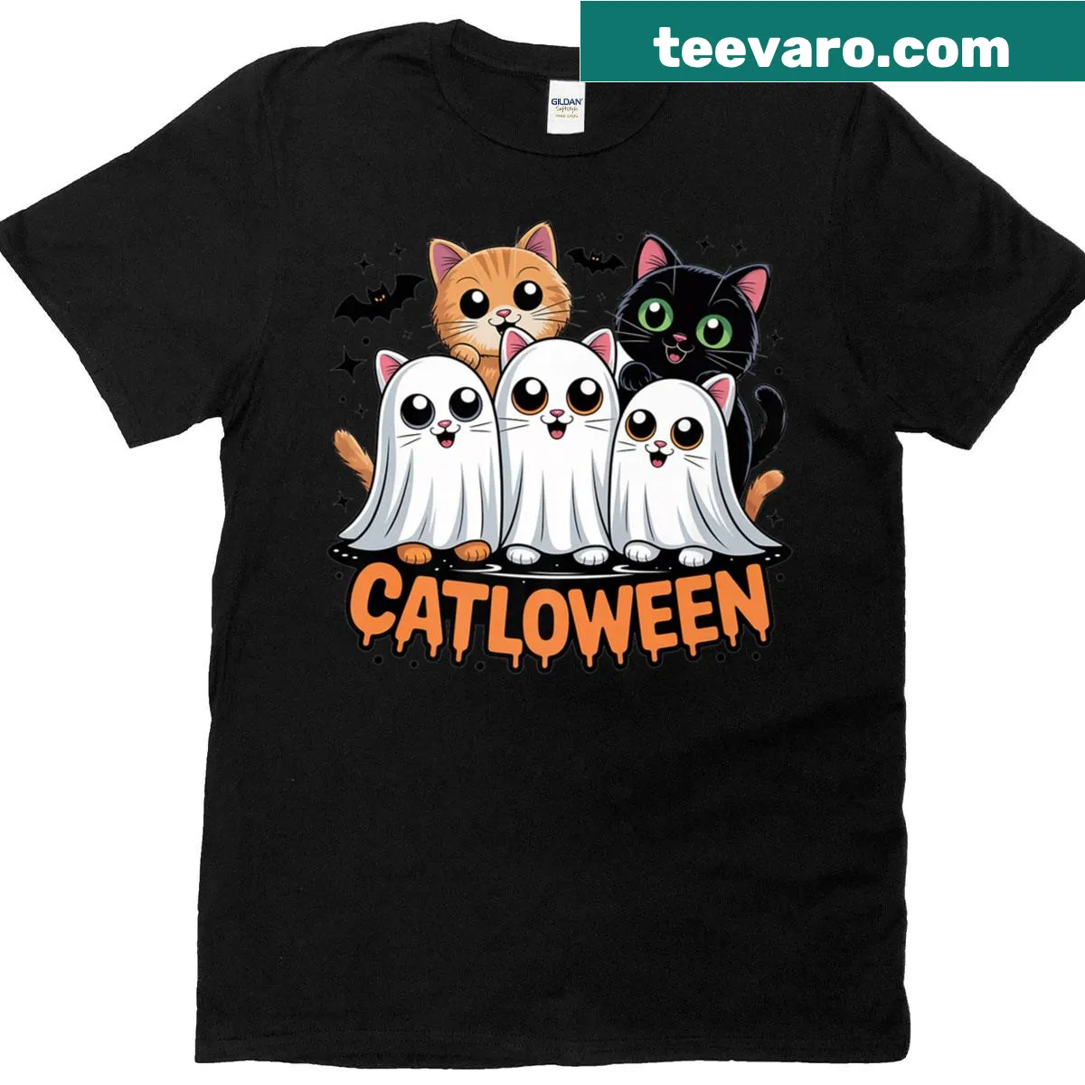 Cute Halloween-themed cat graphic t-shirt — on a men's t-shirt