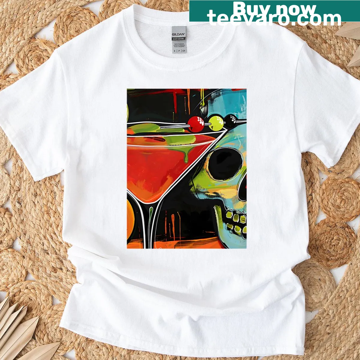 Halloween-themed T-shirt featuring skull, cocktail, and jack-o-lanterns. — on a men's t-shirt