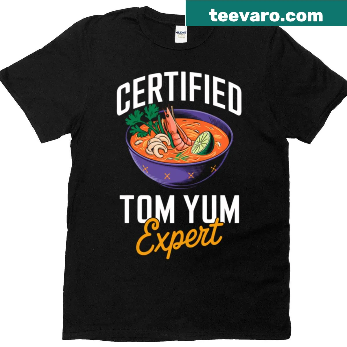 T-shirt with 'Certified Tom Yum Expert' badge graphic — on a men's t-shirt