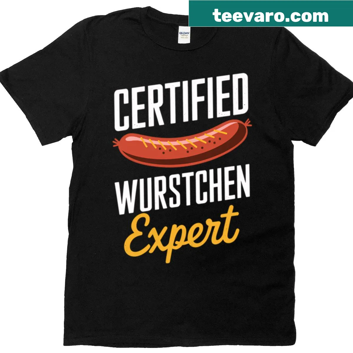 T-shirt with 'Certified Wiener Wurstchen Expert' badge graphic — on a men's t-shirt