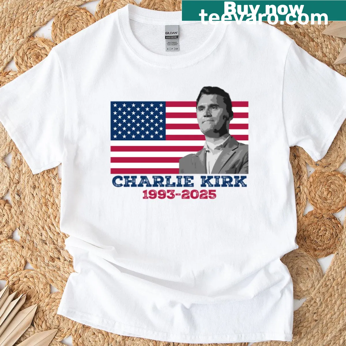 American Flag graphic t-shirt with years 1993-2025 — on a men's t-shirt