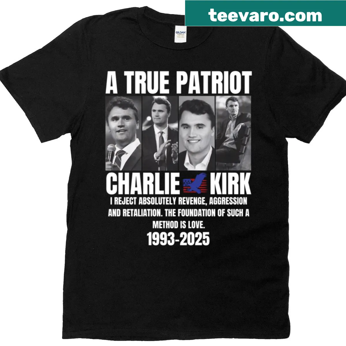 Tribute t-shirt with patriotic text and graphics for remembrance — on a men's t-shirt