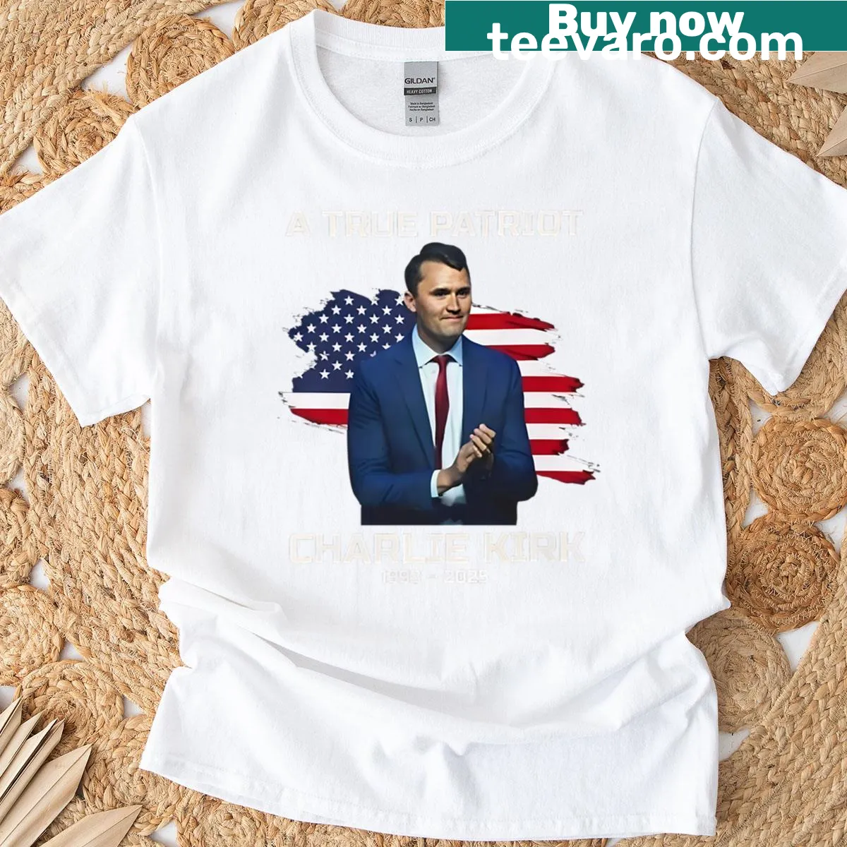 Patriotic memorial design honoring Charlie Kirk on T-shirt — on a men's t-shirt