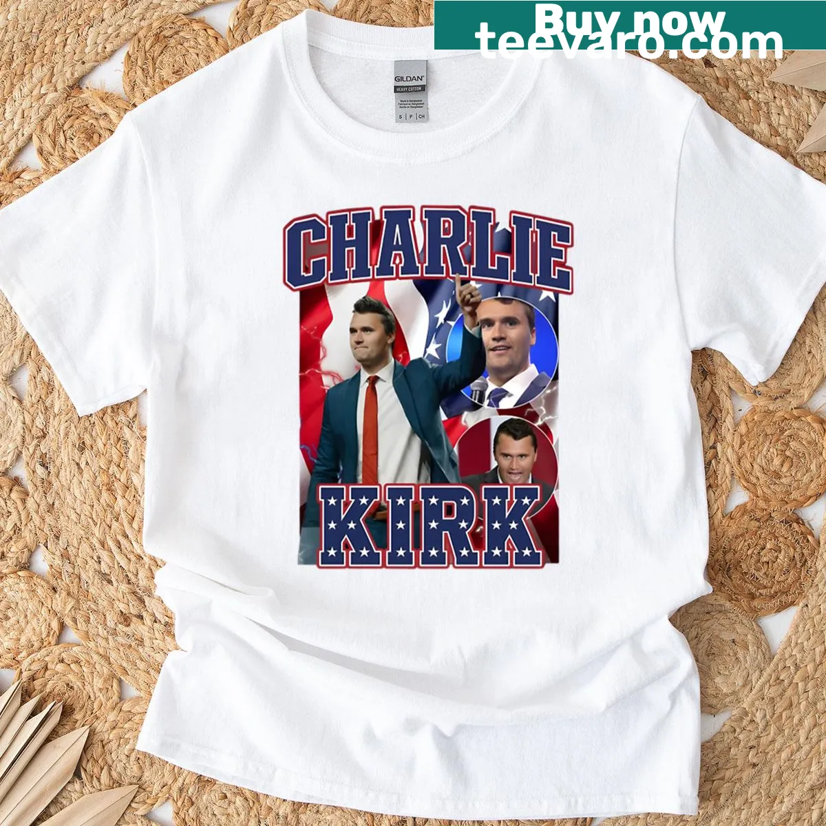 Patriotic T-shirt featuring a stars and stripes collage design — on a men's t-shirt