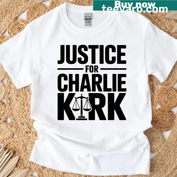 Bold text shirt stating 'Justice For Charlie Kirk'