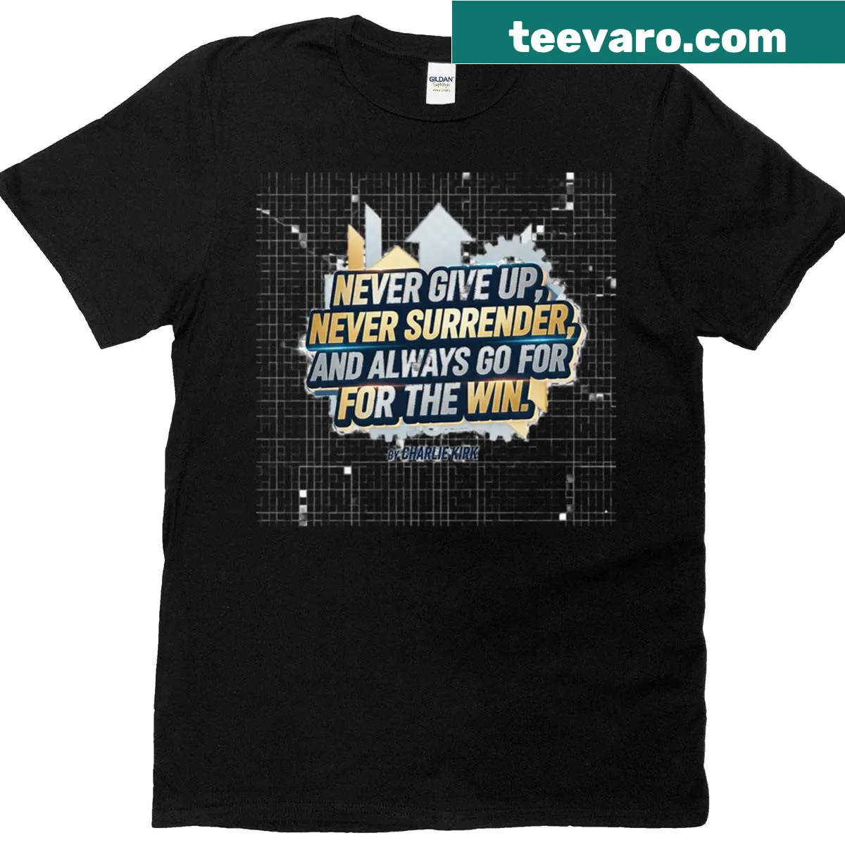 Inspirational Never Give Up T-shirt with bold text — on a men's t-shirt