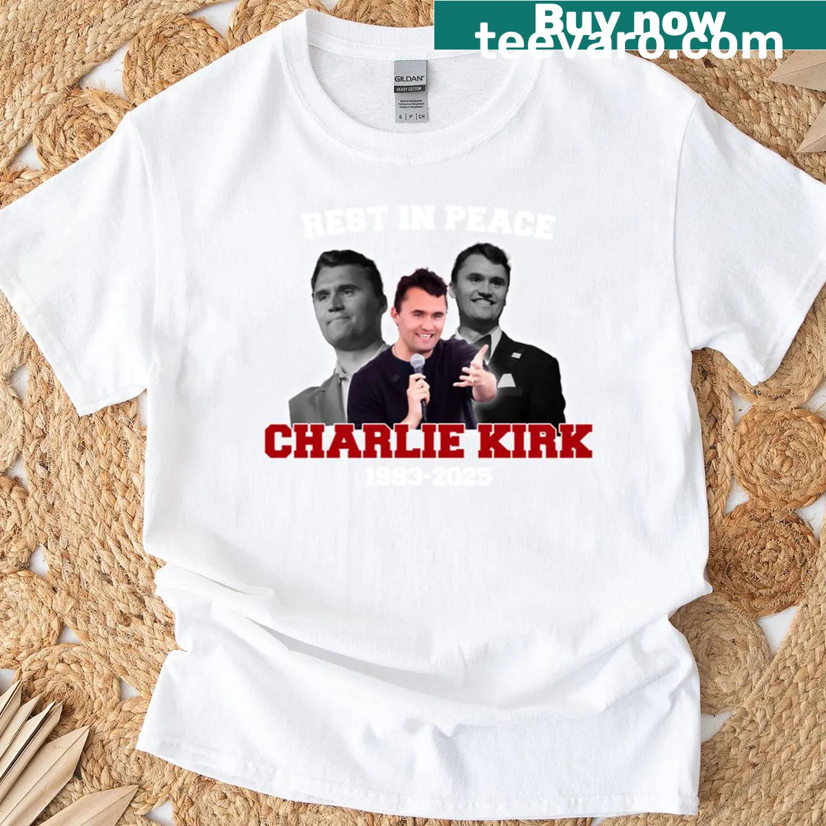 Boxy T-shirt with 'Rest In Peace' and American flag tribute to Charlie Kirk — on a men's t-shirt