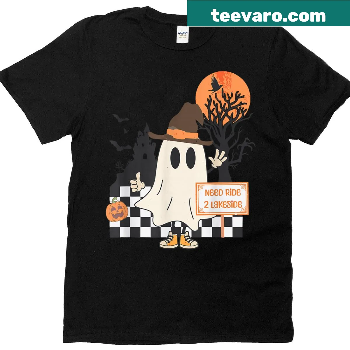 Cartoon ghost cowboy design with checkered pattern for Halloween — on a men's t-shirt