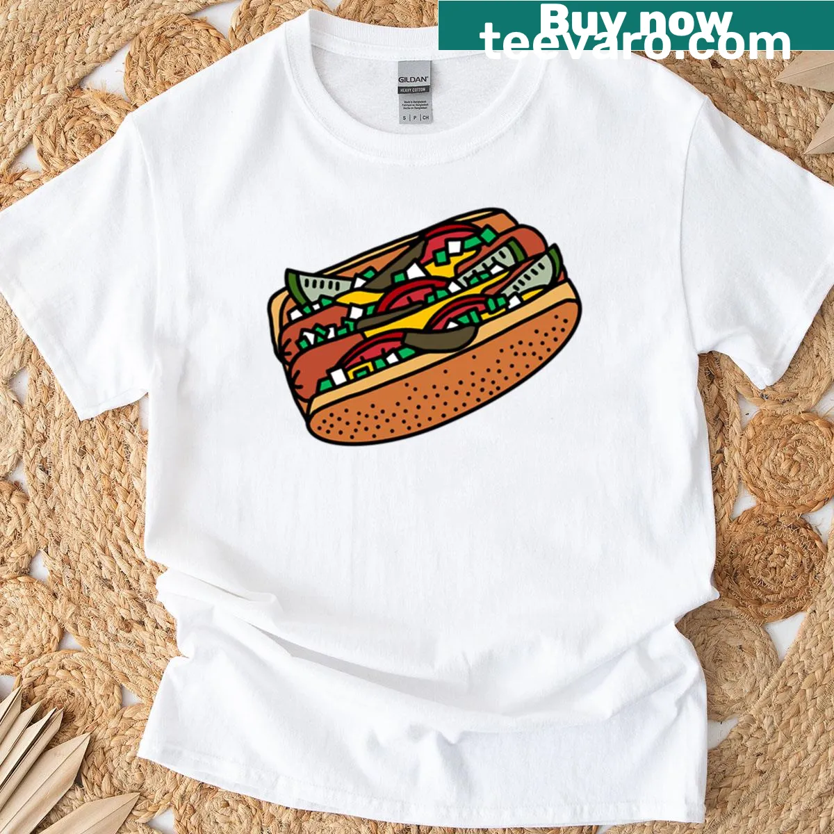Graphic tee featuring a Chicago-style hot dog with toppings — on a men's t-shirt