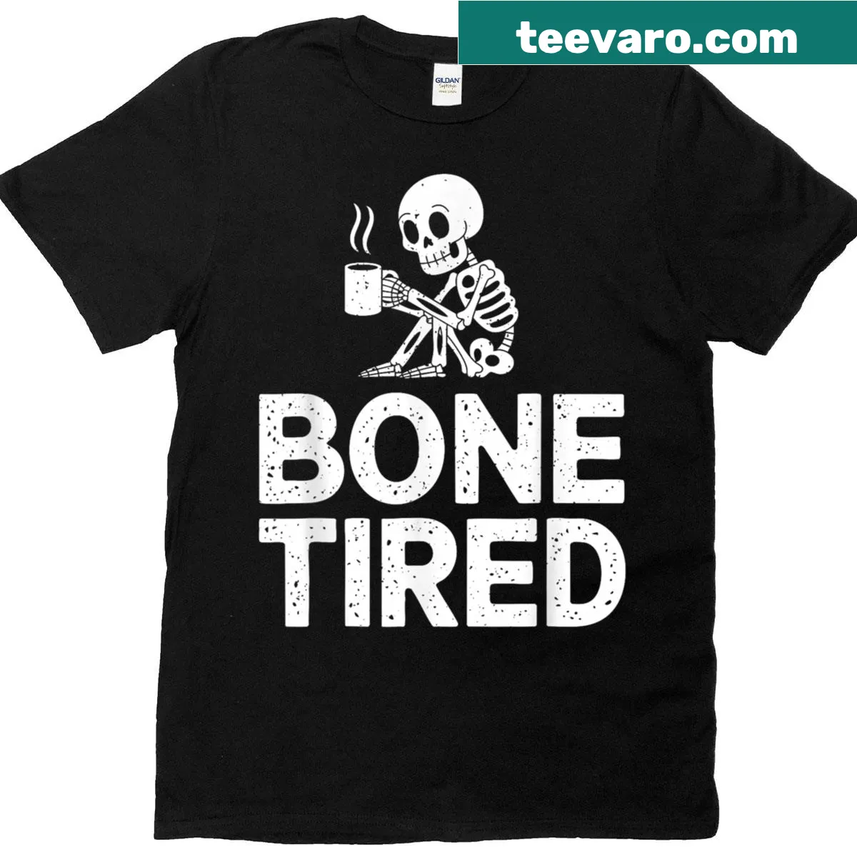 Skeleton holding coffee with humorous text for coffee lovers — on a men's t-shirt