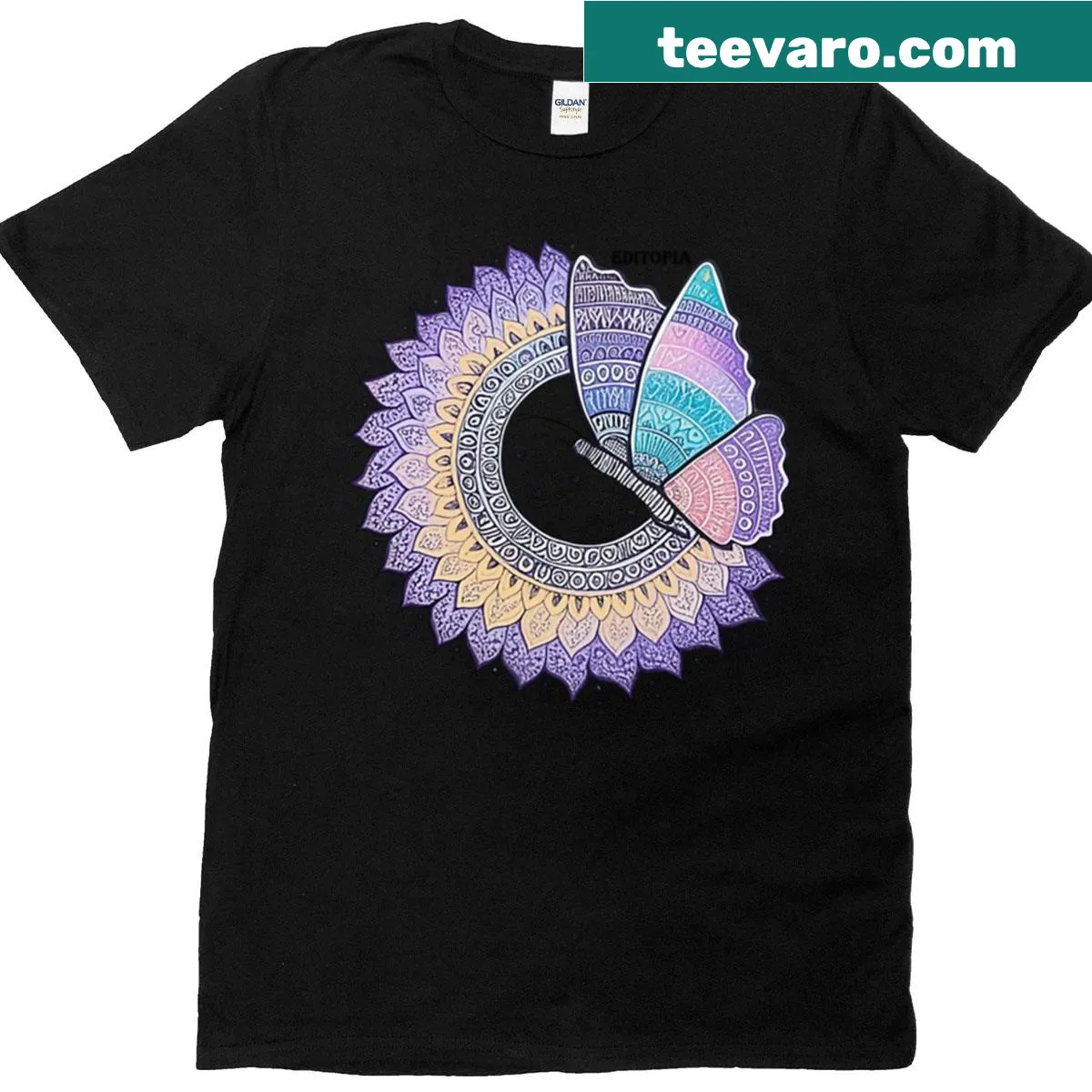 Mandala design with butterflies on shirt — on a men's t-shirt