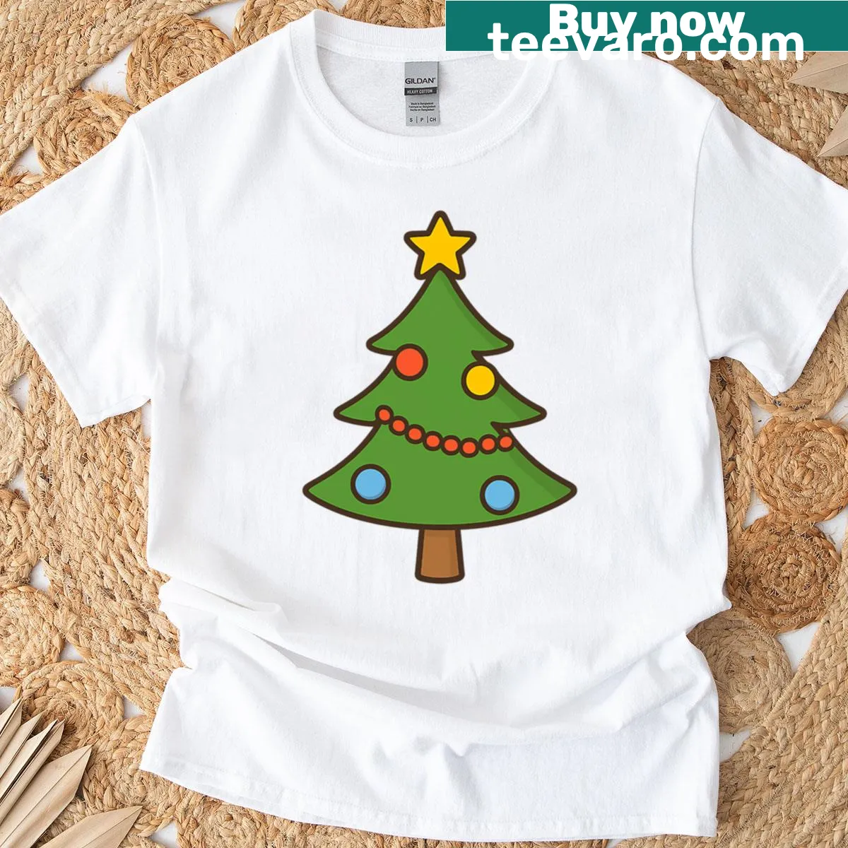 Illustrated Christmas tree design on a festive T-shirt — on a men's t-shirt
