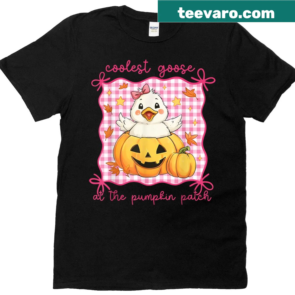 Cartoon T-shirt featuring a goose at a pumpkin patch in a playful design — on a men's t-shirt