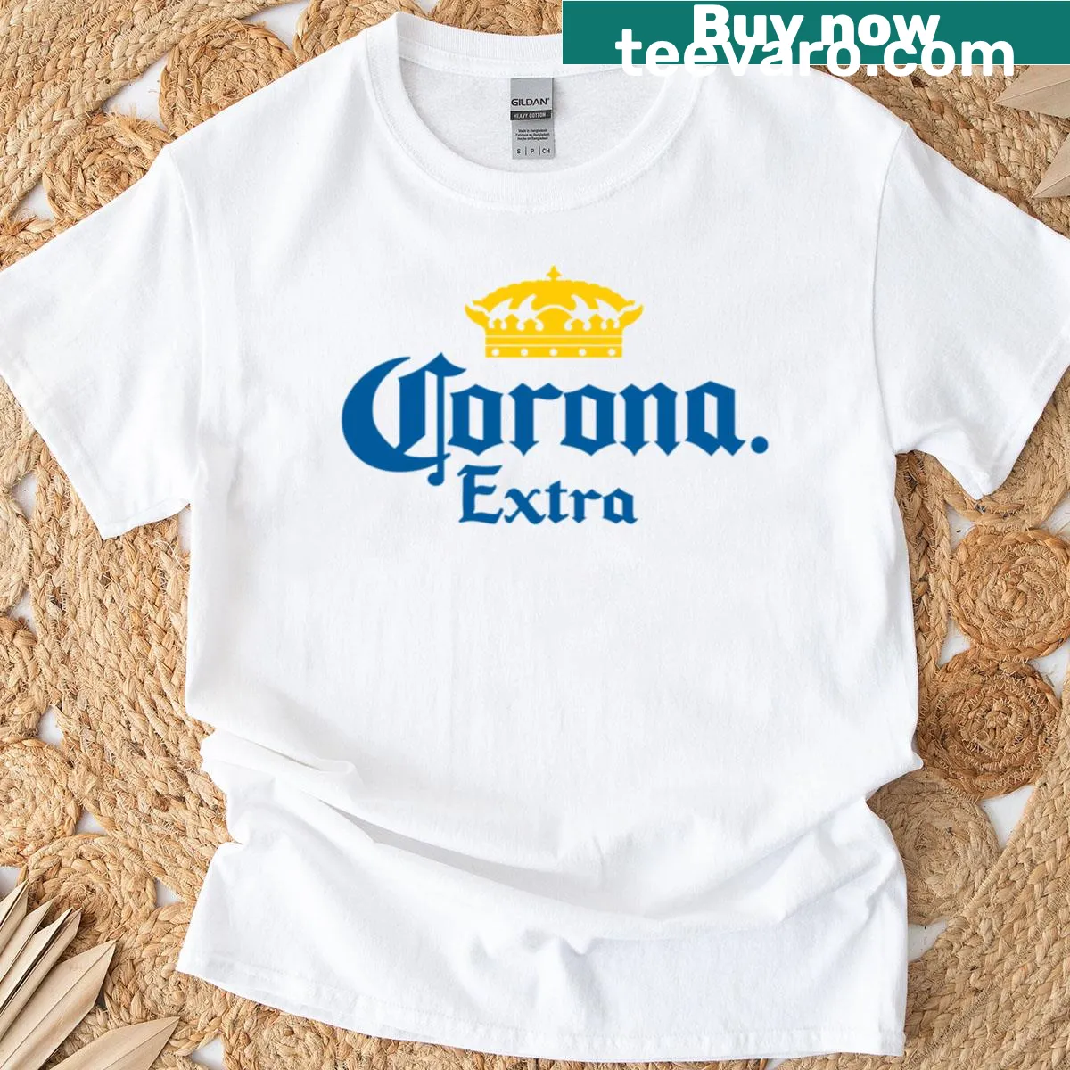 T-shirt featuring the Corona Extra beer logo and text — on a men's t-shirt