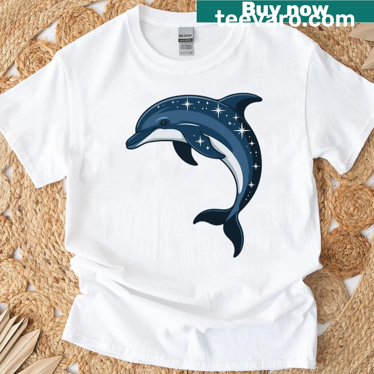 Whimsical dolphin in space t-shirt with fantasy design — on a men's t-shirt