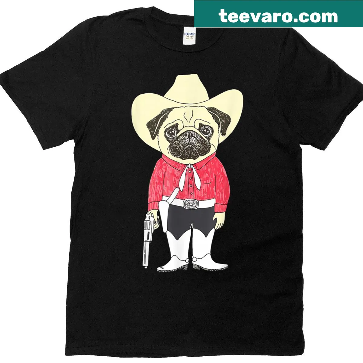 Funny cartoon pug in a cowboy outfit on a t-shirt — on a men's t-shirt