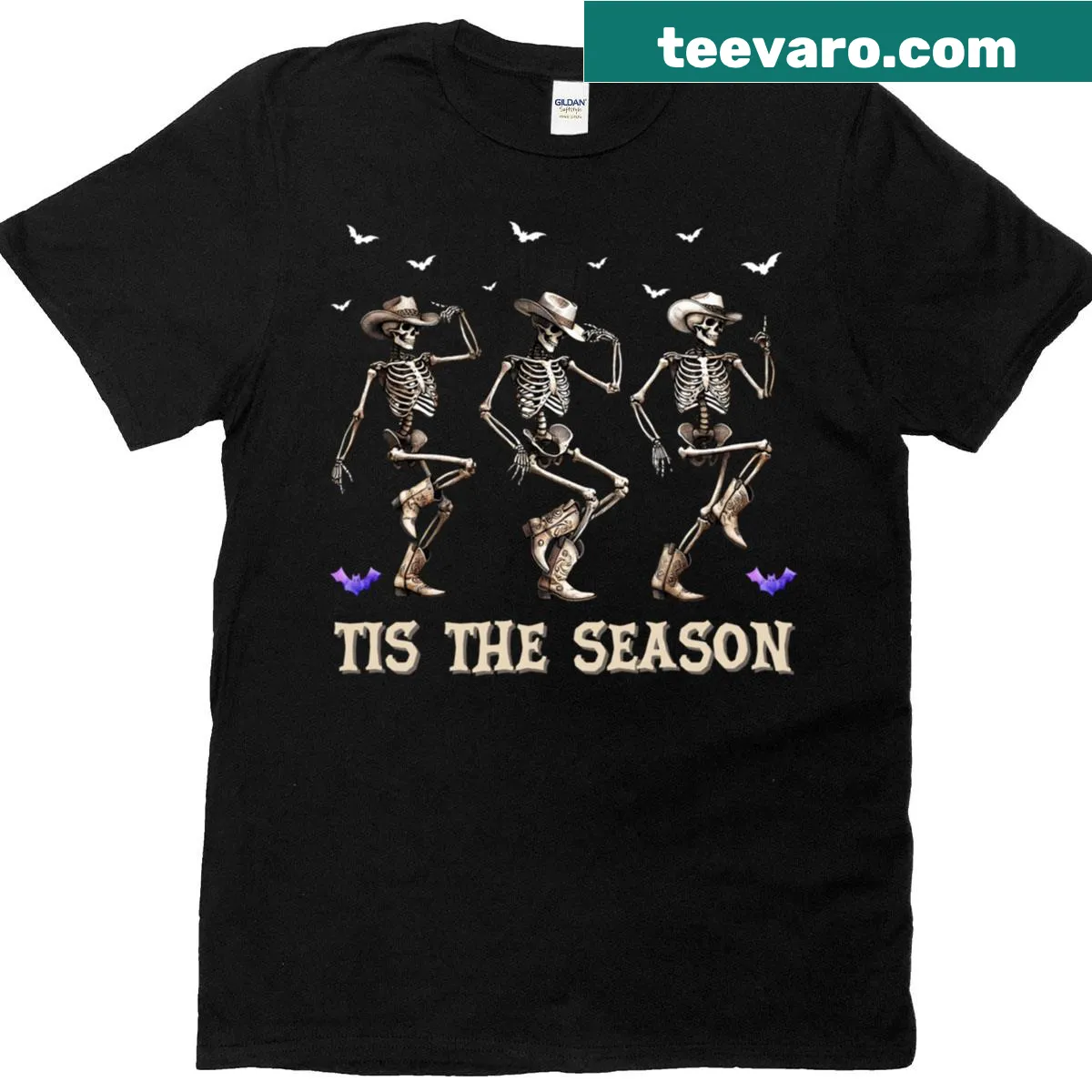 Halloween t-shirt with dancing cowboy skeleton in Western attire — on a men's t-shirt