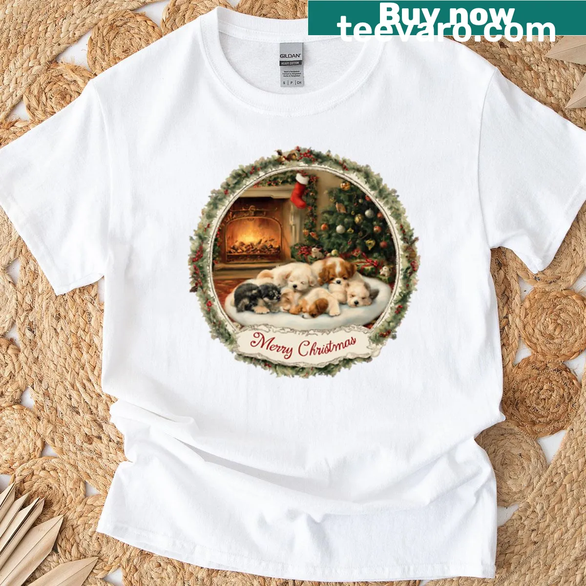 Cute puppies by a fireplace graphic on a festive holiday t-shirt — on a men's t-shirt