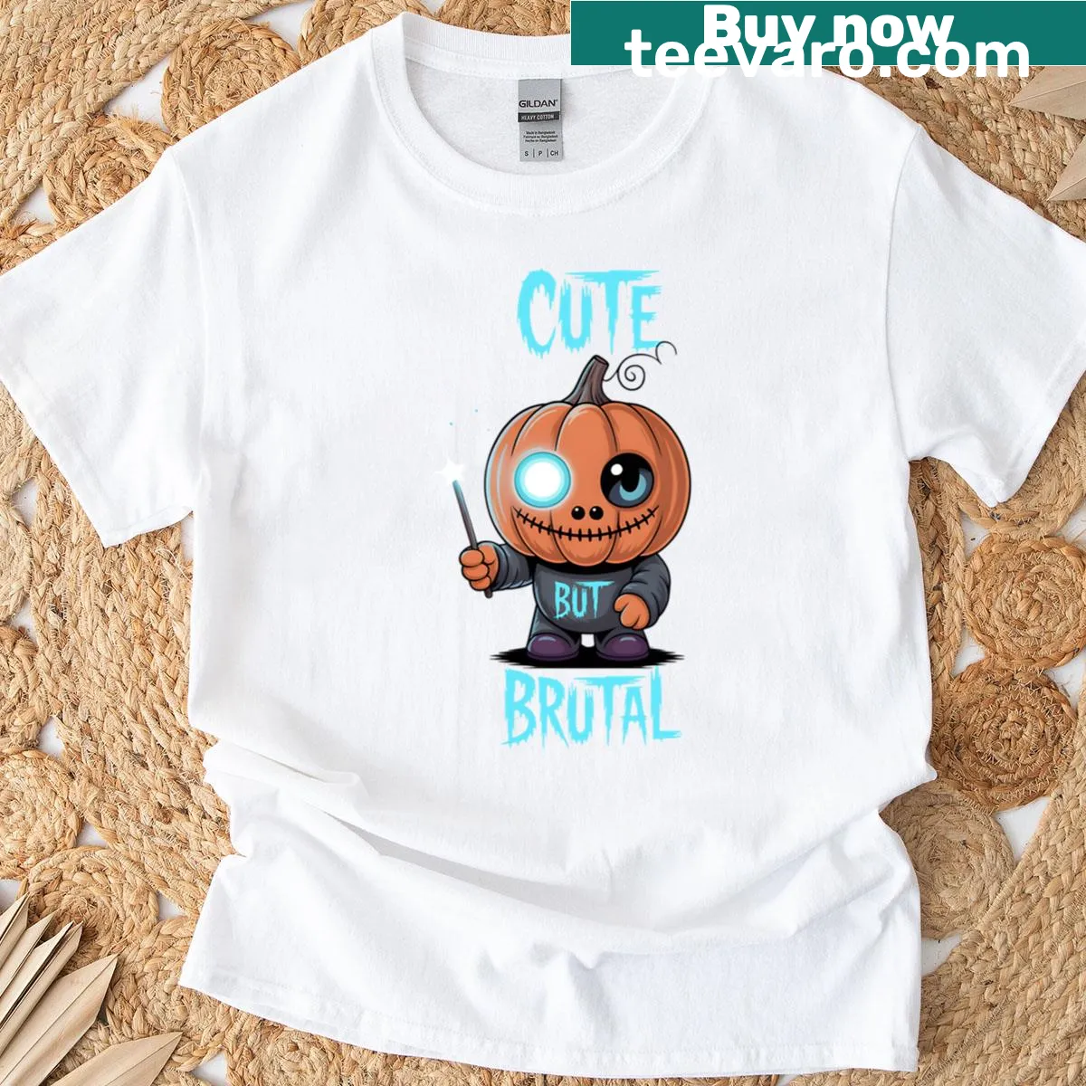 Cartoon pumpkin t-shirt with a cute, mischievous grin for Halloween. — on a men's t-shirt