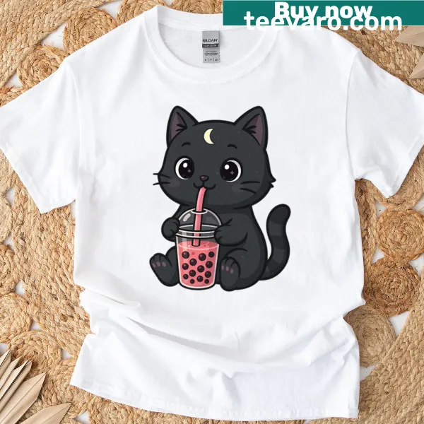 Kawaii t-shirt featuring a cute black cat with boba tea for kids.