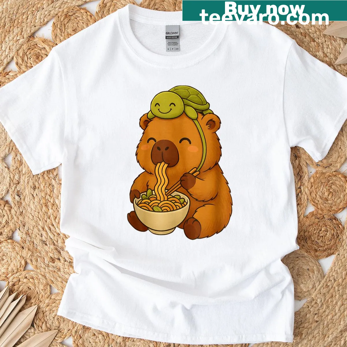 Cute capybara and turtle cartoon with ramen design — on a men's t-shirt