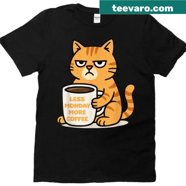 Funny cartoon cat with coffee graphic on T-shirt.