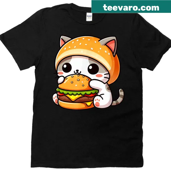 Cute cat enjoying a burger on a kids t-shirt