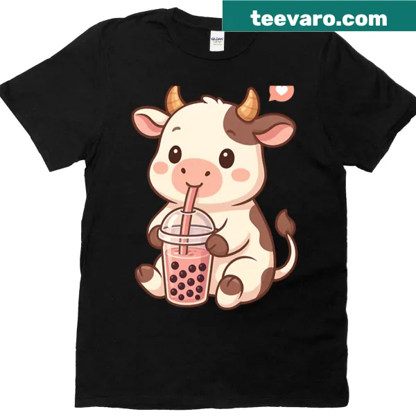 Kawaii cow enjoying boba tea on a kids t-shirt
